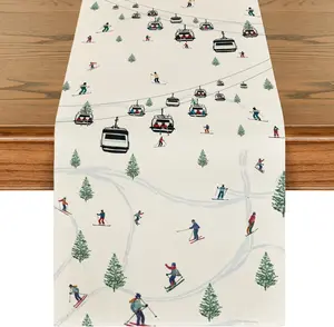 New Deal - Mode Ski Lift Pine Tree Skiing Snow 210 GSM Winter Table Runner, Seasonal Kitchen Dining Table Decor for Home Party 13x72 Inch