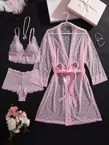 Best-Selling Women's Sexy Casual Lace Patchwork Sheer Nightgown Set, 4-Piece Lace Robe, Robe + Bra + Panties + Ribbon, Elegant Floral Design, Loungewear