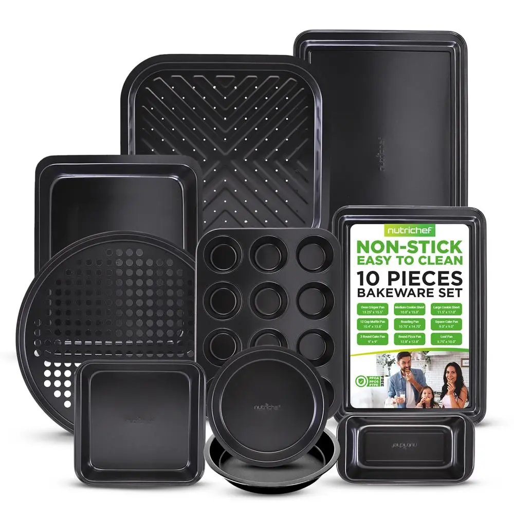 10-Piece Nonstick Bakeware Set – Gray | Carbon Steel Baking Pans - Stackable Oven Bakeware with Cookie Sheets, Muffin, Loaf, Pizza, Roasting & Cake Pans – Durable, Dishwasher Safe, PFOA/PTFE Free - Kitchen Accessory