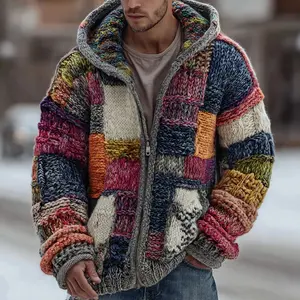 Men's Digital Plaid-Print Hoodie Sweatshirt - Polyester Tops with Long Sleeves, Loose Fit, Pocket, Menswear Clothes
