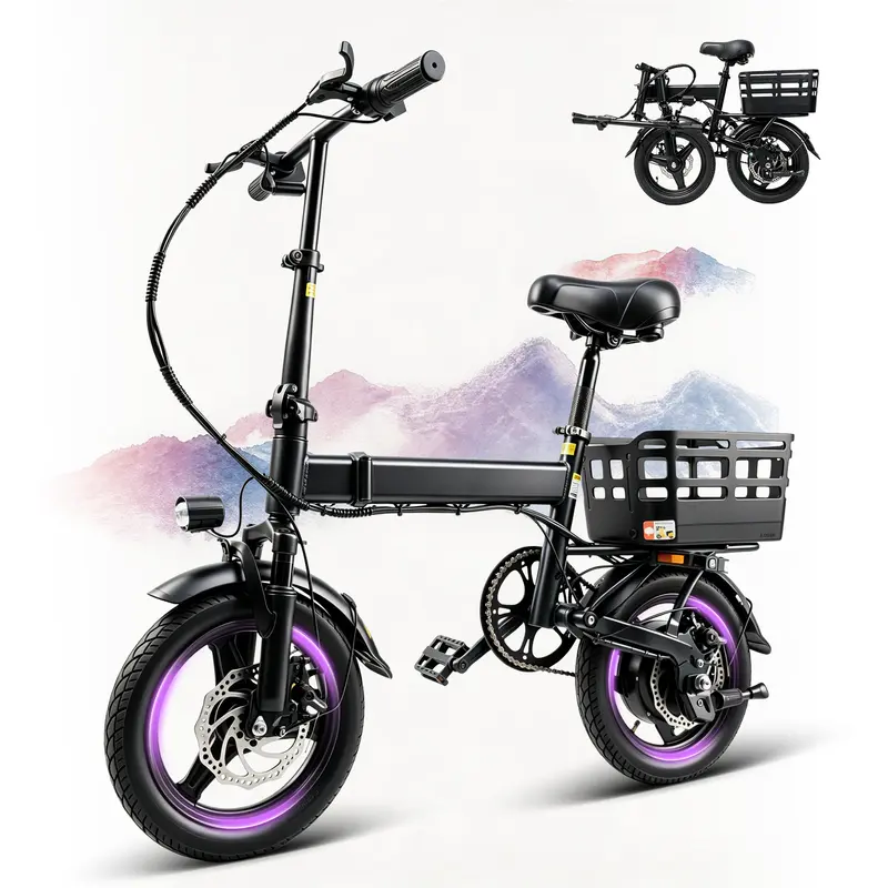 500W Peak Power Mini E-Bike, 18MPH Speed, 20 Mile Range, 36V 12Ah battery, 3 Riding Modes, 14” Folding E-Bike For Adults & Teens, City Commuter with Rear Basket, UL 2849 Certified