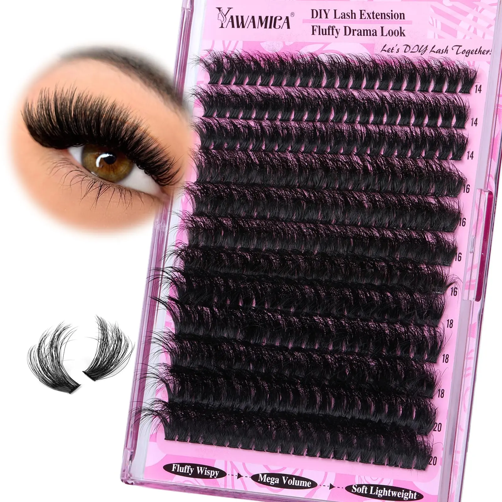 Fluffy Lash Clusters Thick 200D Volume Eyelash Clusters 14-20mm Wispy Individual Lashes D Curly Cluster Eyelash Extensions 240pcs DIY Lash Extension for Beginners