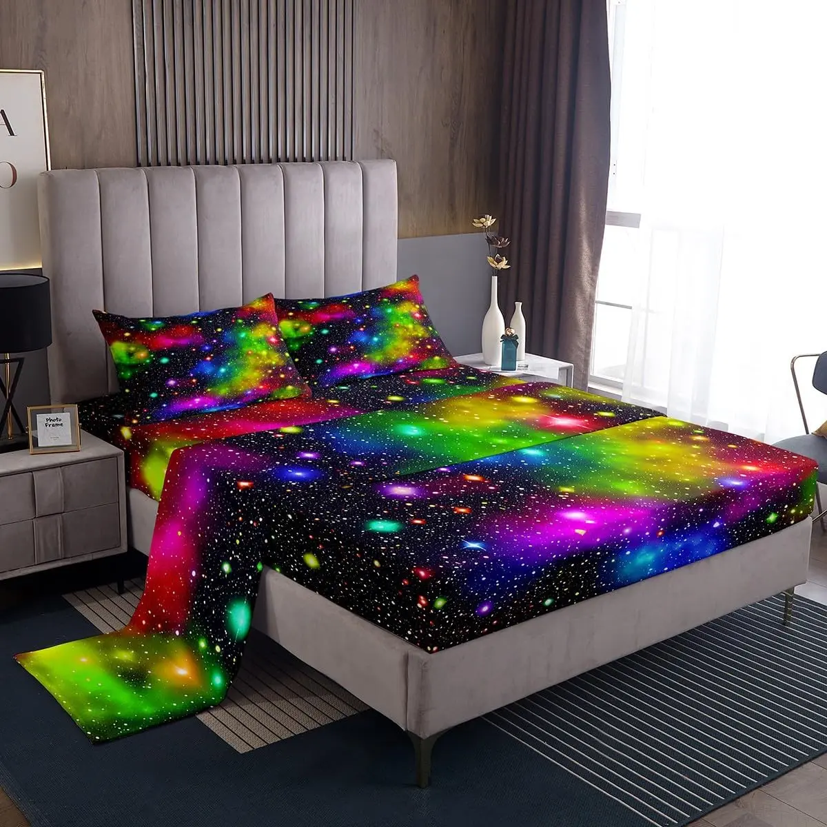 Rainbow Galaxy Bed Sheet Out Space Bedding Colorful Nebula Universe Deep Pockets Sheet Set - 1 Falt& 1 Fitted Sheets