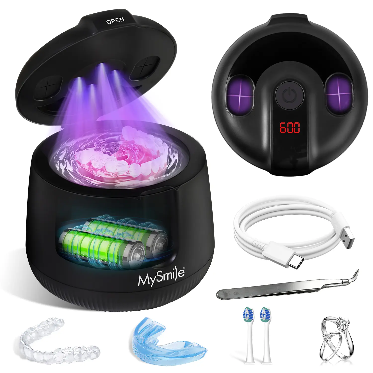 MySmile Ultrasonic Cleaner with UVC Light, 42-48kHz Retainer Cleaner Machine for Aligners, Dentures, Mouthguards & Jewelry (200ml), MS202B