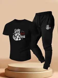 Unisex Cute Yet Wild Raccoon Print Two-Piece Set, Casual Short Sleeve T-Shirt + Sports Pants, Summer Street Style