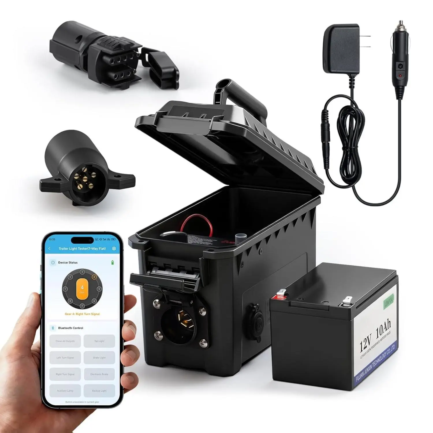 12V 10Ah Trailer Light & Electric Brake Tester with Batteries, Cells, Shortcircuit Guard & App Battery Gauge, 7-Spade Test Ready, Tests 6-Round/4-5-Flat Pin Harnesses, Bluetooth App Remote Operation, IP68 Waterproof Case, 6Round Pin Test
