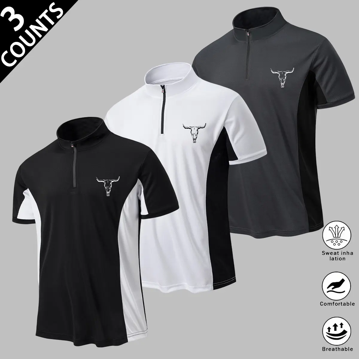 Men's 3-Pack Performance T-Shirts, Quick Dry Half-Zip Mock Neck Pullover with Western Bull Bone Print & Contrast Panels, Fitted for Gym & Hiking, Half-Zip Pull-On, Gym Wear, Tight