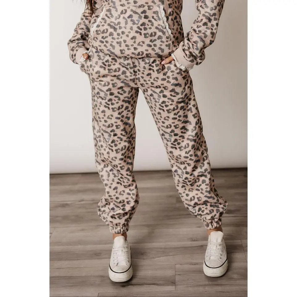 Ampersand Avenue Comfort Zone Women's Fleece-Lined Leopard Lace Joggers - Plus Size Clothes, Lounge Bottoms, Back Pocket Lace Detail, Joggers Pants, Casual Jogger