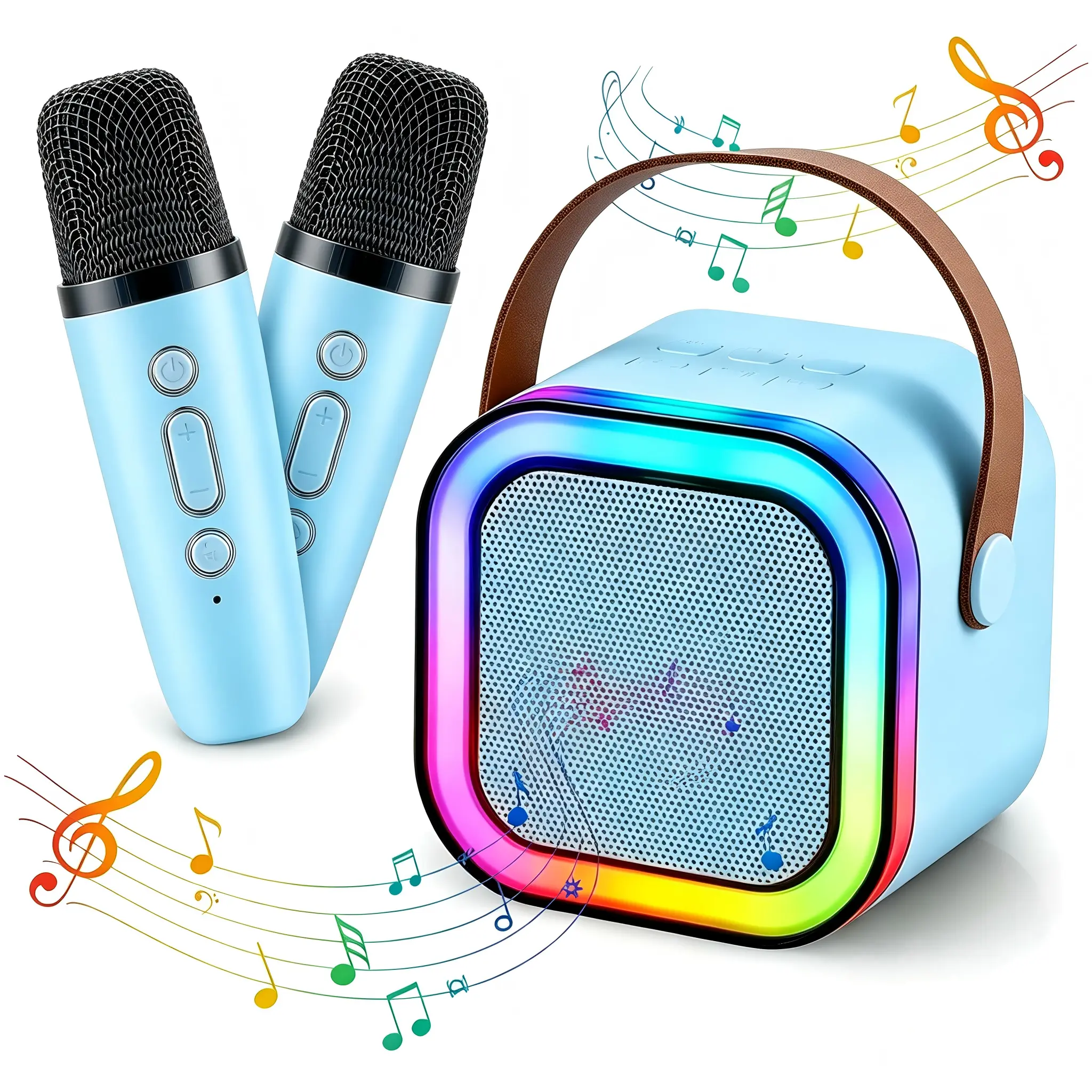 Mini Karaoke Machine - 5W Portable Bluetooth Speaker with 2 Wireless Handheld Mics, USB-C, Plastic Body, Lithium Ion Batteries, Mobile Compatible, for 4-10,12,14-Year-Old Children & Adults, Ideal for Family Gatherings, Christmas Gifts