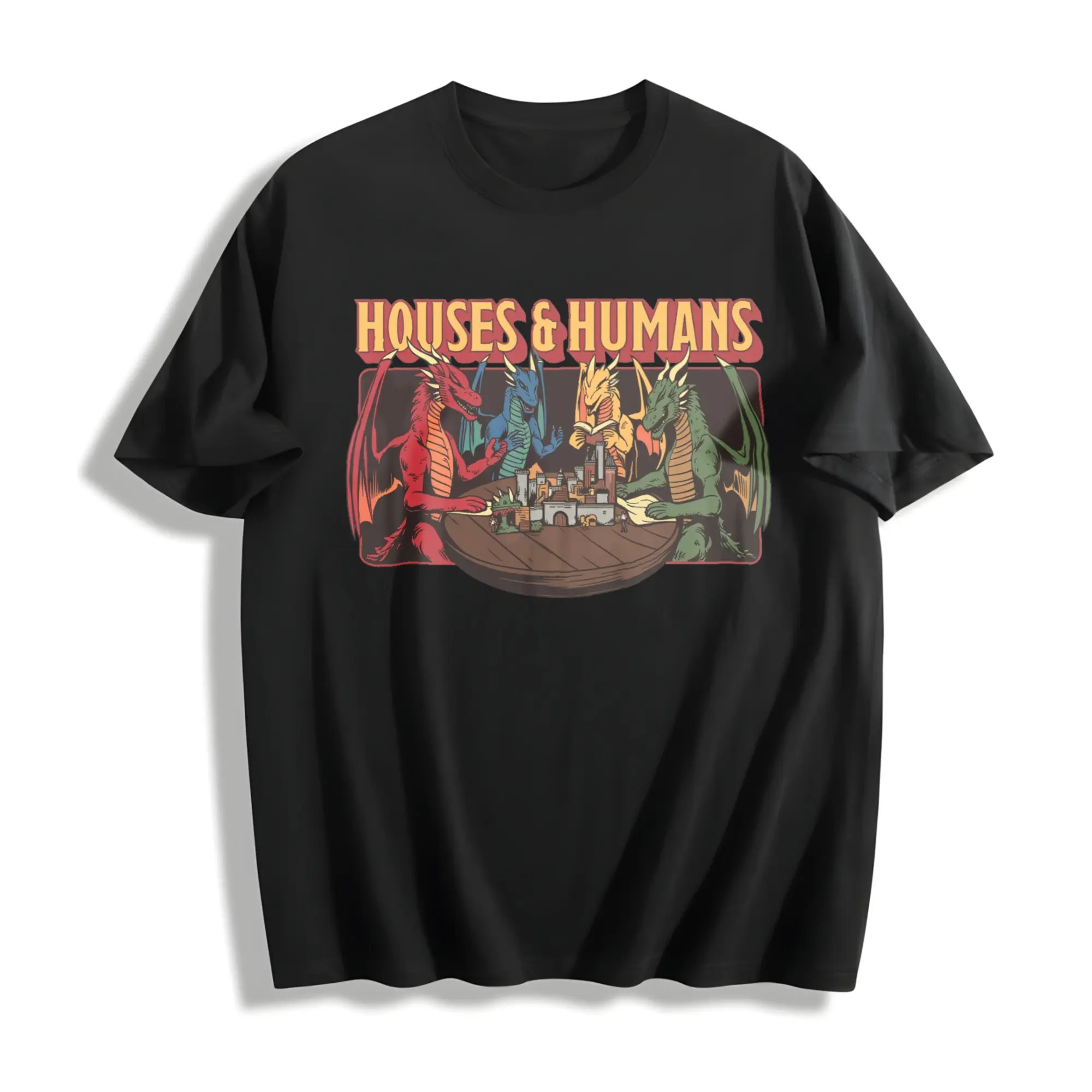 Men's Cotton Streetwear T-Shirt - Soft Fabric, Funny Houses and Humans Design, Fashion Dungeons and Dragons Meme Apparel