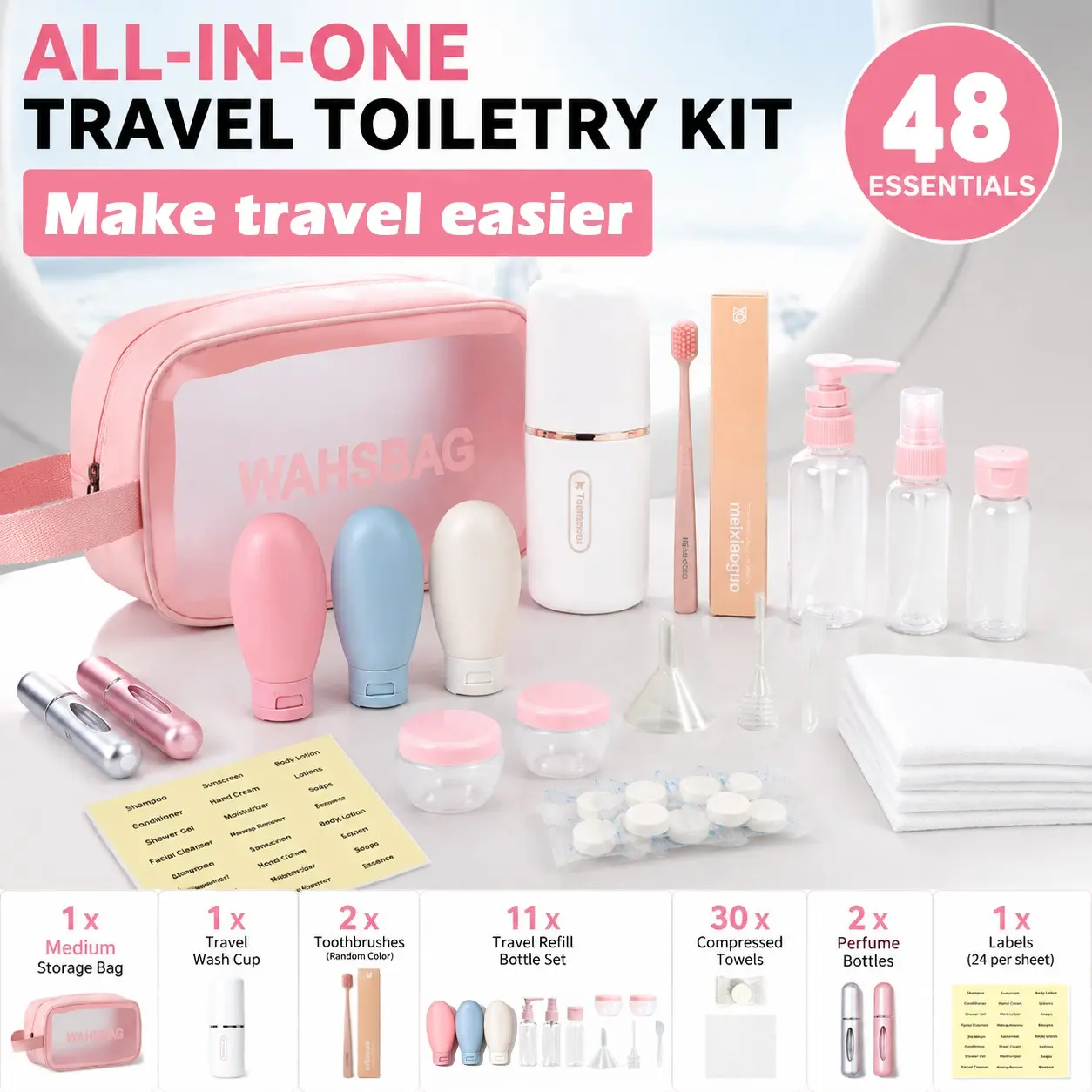 48PCS Travel Toiletry Set for Women & Men | Portable Organizer Bag with Toothbrush Cup, Refillable Bottles, Compressed Towels, Perfume Spray Bottles, Travel Toiletries Containers for Vacation, Camping, Flight Essentials, Travel Essentials Kit