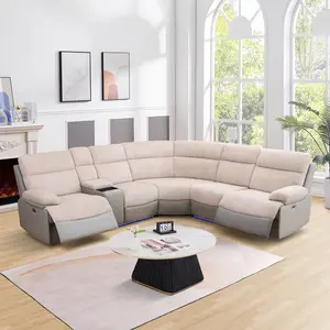 Power Reclining Sofa Set, Fabric Sectional Couch with LED Light,Wireless Charging Panel, USB Ports,Cup Holder,Modern Power Recliner Sofa with Storage Console for Living Room(Off-White)