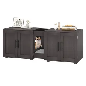 3-in-1 Double Cat Litter Box Enclosure for 2 Cats – Modern Wooden Hidden Cabinet with Dual Rooms, Cat Door, Scratching Pad, Stylish Pet Furniture for Living Room or Bedroom, Large Enclosed Cat Washroom