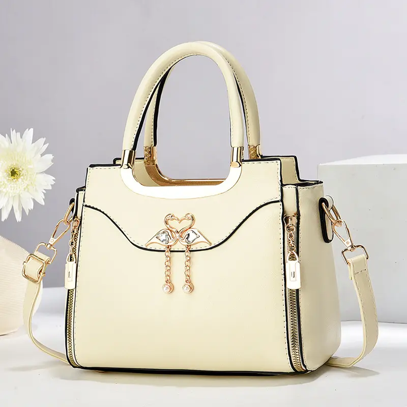 Women's High-Capacity Tote Bag - Plain Multi-Compartment Polyester Shoulder Bag with Detachable Strap and Gold Hardware, Elegant Bags, Wing Pendant
