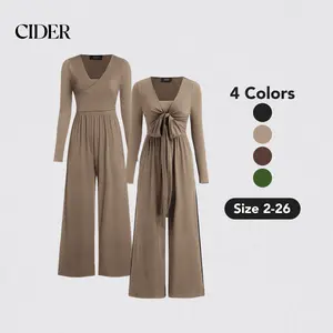Cider [4 colors, Size 2-26]3-Way Knotted Stretchy Wide Leg Overalls,  V-neck Jumpsuit for Daily Casual, Lady Casual Fashion Comfort Outfit for Spring & Fall Date