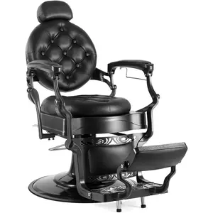 OmySalon Vintage Barber Chair - Heavy-Duty Hydraulic Recline Sit-Down Salon Furniture, 360-Degree Swivel, Round Base, Tufted Buttons for Hair Stylists