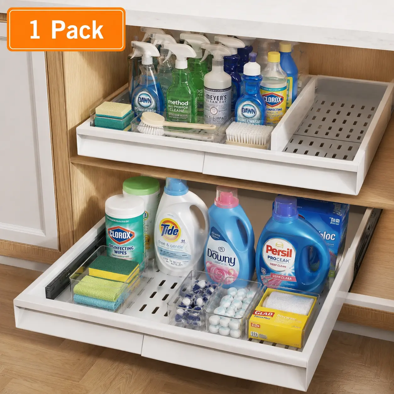 Under Sink Pull-Out Cabinet Organizer - Expandable Sliding Drawer, Heavy-Duty Water-Proof Smooth Durable Adjustable Storage Rack with Easy Installation for Kitchen Cleaning Supplies