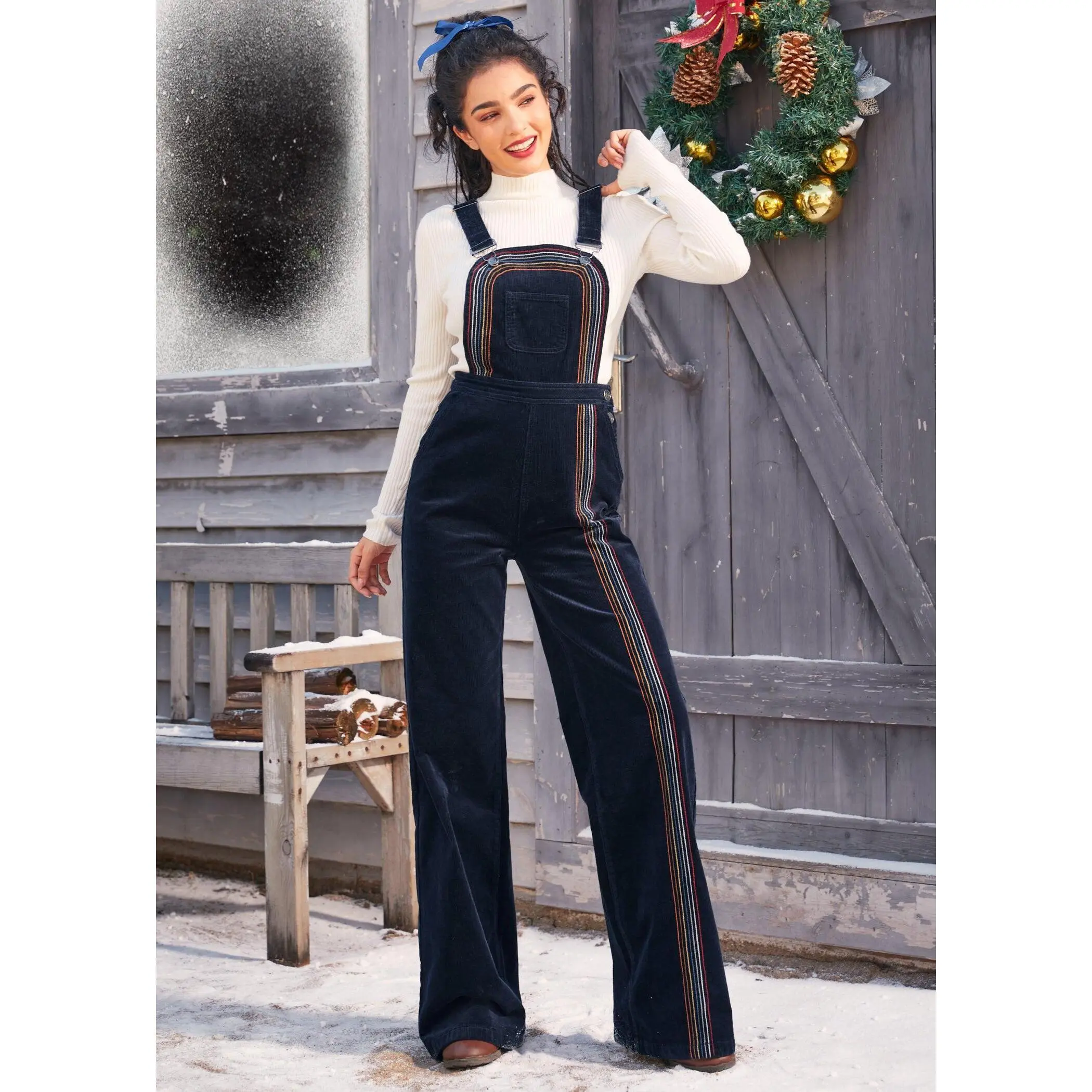 ModCloth Rainbow With Me Corduroy Overalls with Wide Legs, Pockets, Embroidery - Navy Blue (2-26W)