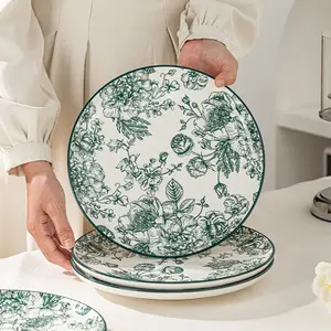 4-Piece Ceramic Steak Plate Set, Rose Pattern, Microwave Safe, Dishwasher Cleanable, Elegant Dinnerware for Home Dining