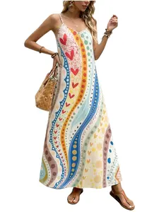 Women's Vintage Rainbow Wave Print Strap Dress, Summer Casual Long Dress, Lightweight Sleeveless Abstract Art Vacation Dress