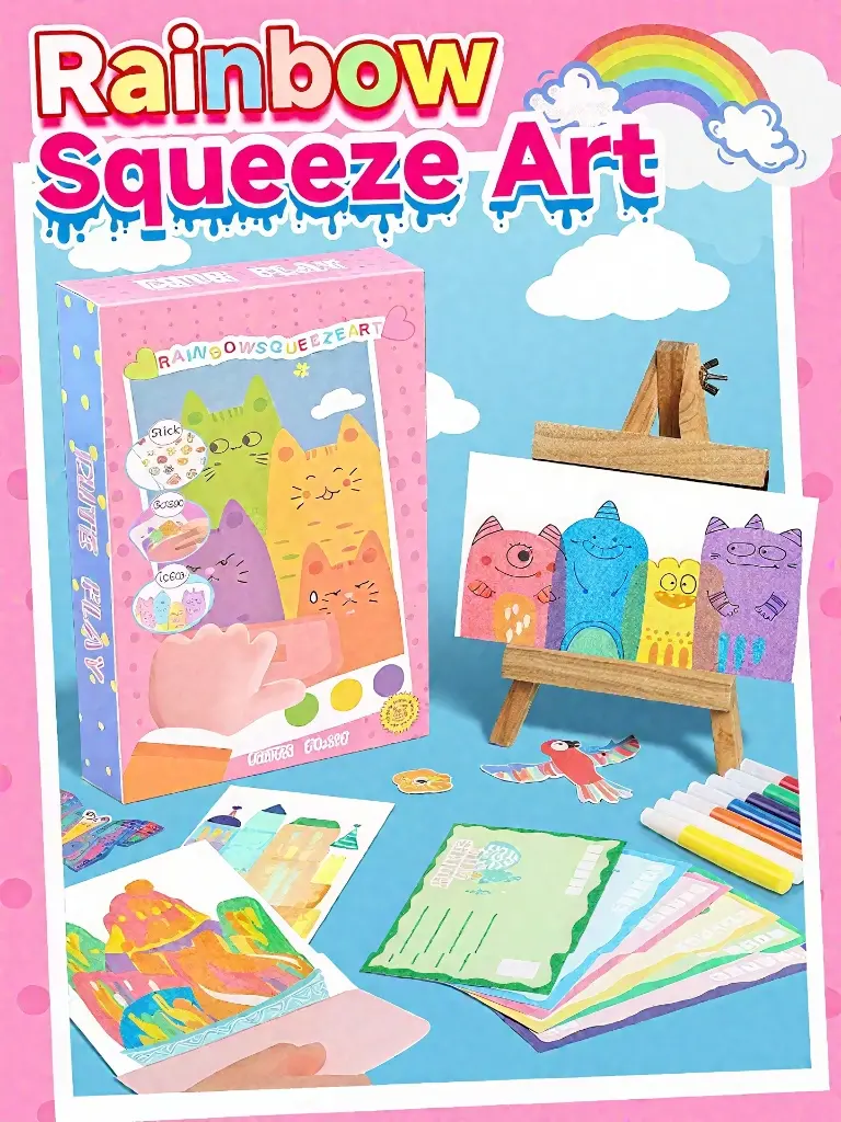 UP TO 90% OFF CLEARANCE Rainbow Squeeze Art Kit - Creative Scratch & Color Set for Kids 35 Pieces Including 20 Papers 7 Acrylic Paints 6 Watercolor Pens 1 Sticker Sheet & Squeegee Board Ideal for DIY Art & Gifts