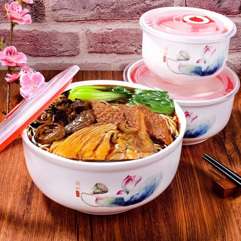 Ceramic Bowl with Lotus Design - Tableware for Serving Noodles and Soups - Durable and Elegant Kitchenware