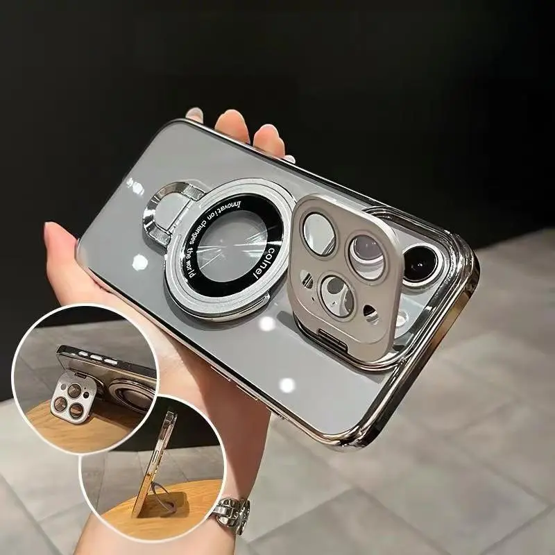Magnetic bracket compatible with iPhone 16 Pro Max/15/14pro/13 phone case minimalist transparent electroplated lens bracket case HNZY100