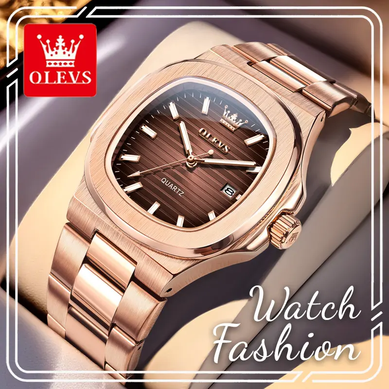 OLEVS 3696 Men's Square Quartz Dress Wristwatch, 44mm Oversized Vertical Striped Dial Brushed Stainless Steel Metal Bracelet, Luminous Hour Markers & Date Calendar, 3ATM Daily Resistant Watch, Ideal Birthday Anniversary Holiday Gift For Husband Boyfriend