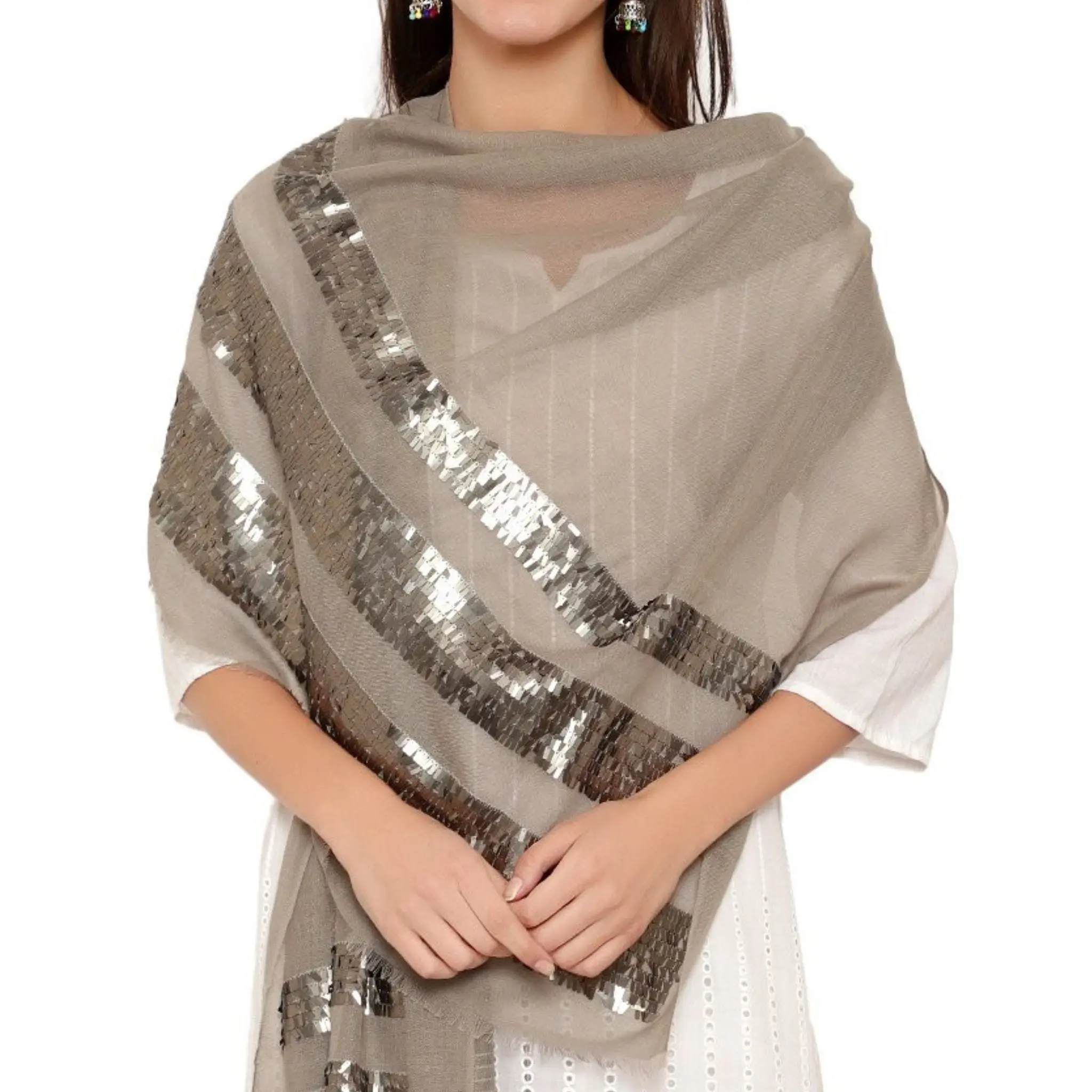 Handmade Fine Wool Sequin Stole Scarf Shawl Wrap in Natural Grey