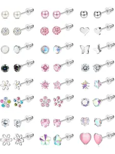24 Pairs Small Stud Earrings for Women Surgical Steel Cute CZ Heart Flower Butterfly Pearl Ball Flat Back/Screw Back Earrings Set Studs Multicolored Hypoallergenic Post Earrings for Girls