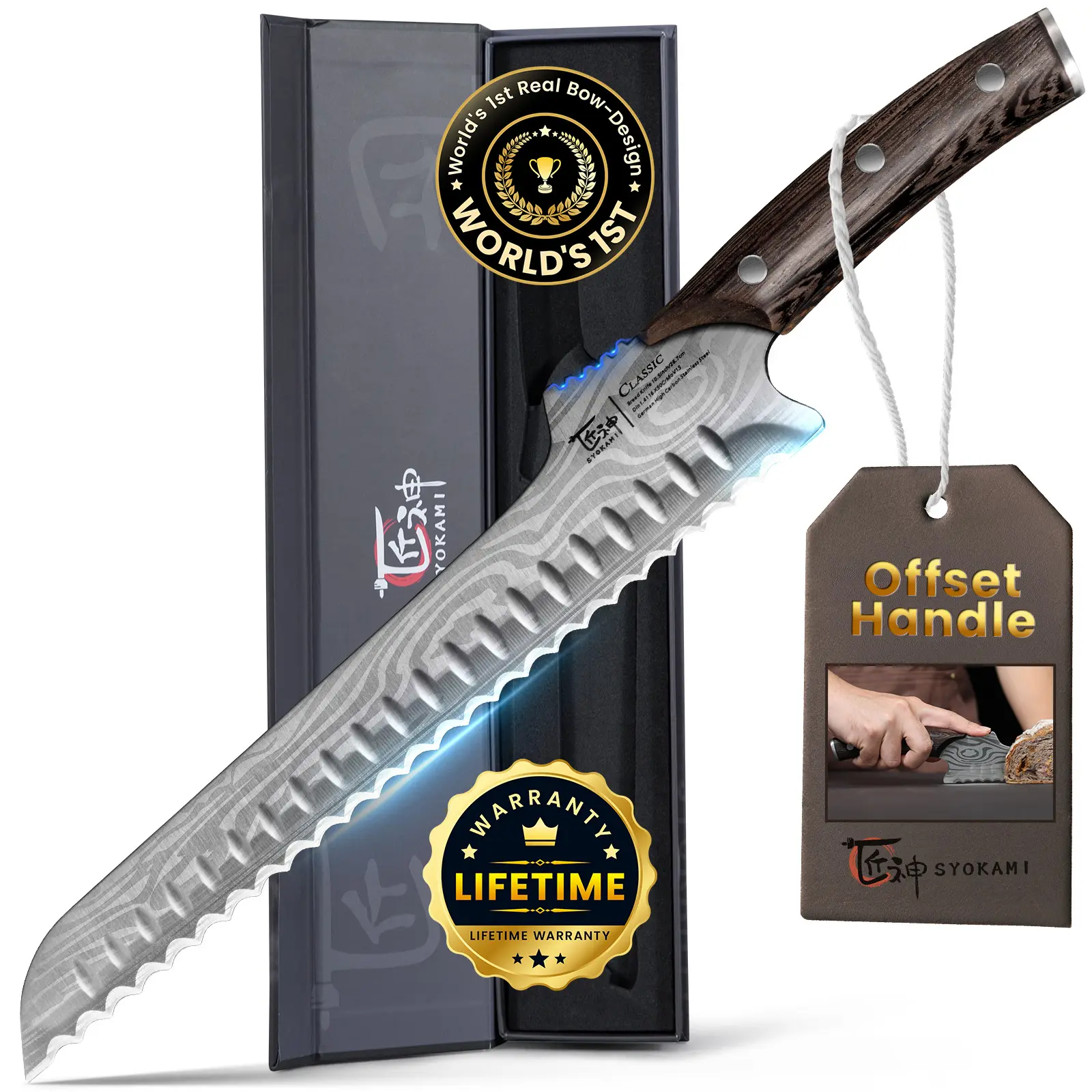 【DealsForYouDays】 2026 New Upgraded Offset Bread Knife for Homemade Bread, 10.5 Inch Resharpenable Serrated Knife, Ultra-Sharp Sourdough Slicing, Perfect Kitchen Gift, Designed for Cutting Cakes, Fruits & Meat