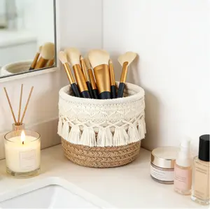 Makeup Brush Holder Organizer Comb Brushes Mini Storage Basket Boho Decor Baskets Cosmetics Desk Storage Baskets Tassels Fringe Decorative Pencil Holder for Vanity Office Desk Organizer