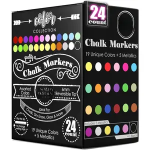 Liquid Chalk Markers (24-Pack) - Dust-Free Erasable Pens for Windows, Glass, Chalkboard & Blackboard - 6mm Reversible Bullet & Chisel Tip