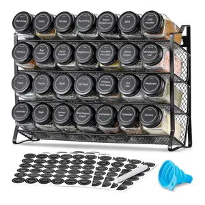 Spice Rack Organizer for Cabinet, Spice Organizer with 28 Empty Spice Jars with Black Lids, Funnel, Spice Labels, Seasoning Organizer for Countertop, Cabinet, Kitchen, Pantry, Cupboard
