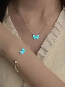 Glow-In-The-Dark Butterfly Bracelet Necklace Set for Women, Unique Design Fashion Accessory, Layered Stackable Jewelry for Students & Friends
