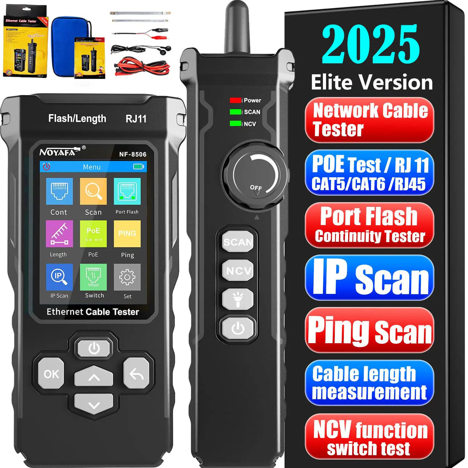 NF-8506 Network Cable Tester with IP Scan, Ping Test, Dual-Mode Ethernet Toner, PoE Detection, Wire Mapping, Port Finder for RJ11/RJ45, CAT5/CAT6, Adults - Includes LED Flashlight, Wire Stripping Cutting Tool, Network Continuity Test, 8 Position Modular P