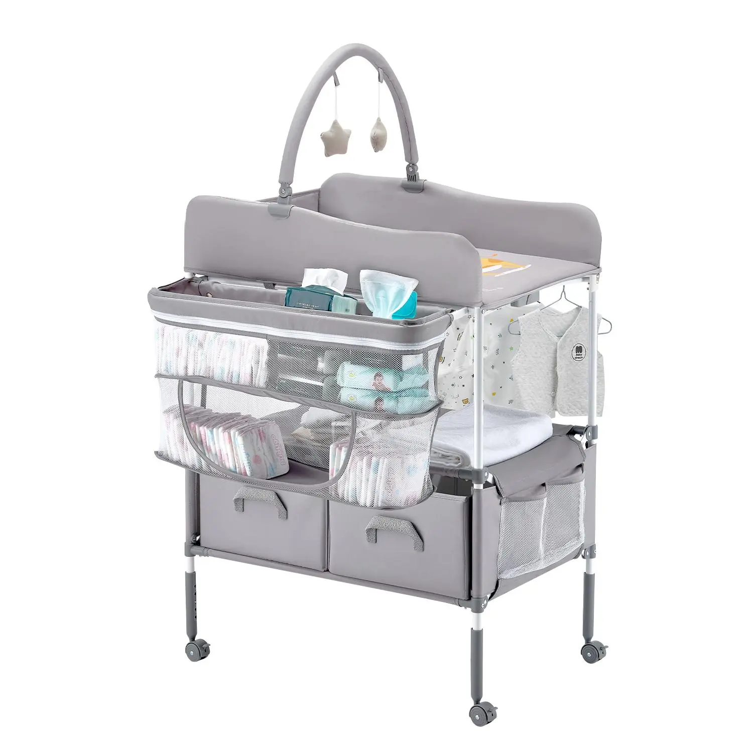 VEVOR Baby Changing Table, Foldable Diaper Change Station with 2 Fabric Drawers, Side Basket & Hanging Rod, Adjustable Height Portable Changing Table with Lockable Wheels & 2 Star Toys, Light Gray#BackToSchool