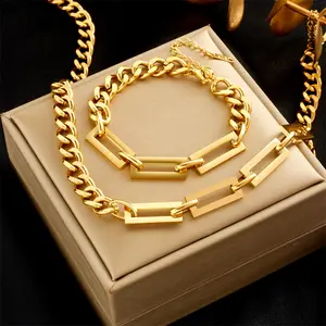 Bracelet Necklace Set, Thick Chain Fashion Metal Stainless Steel Style High-End Thick Chain Heavy Craft Bracelet Collarbone Chain Jewelry Set