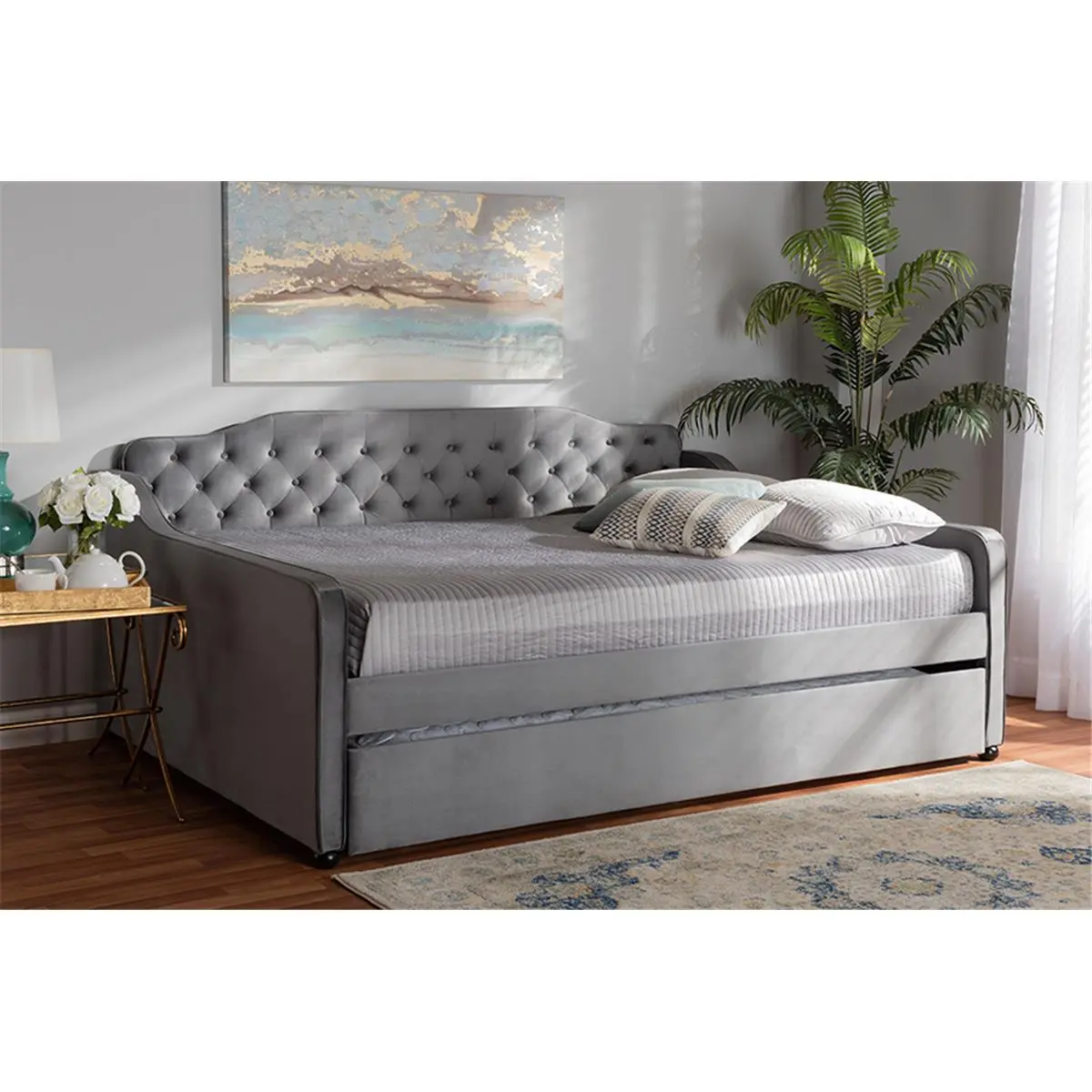 Baxton Studio Freda Full-Size Grey Velvet Daybed - Transitional & Contemporary Indoor Bed, Neutral Modern Velvet Bed with Button Tufted Fabric Upholstery & Slide-Out Trundle, Indoor Beds, Neutral Modern Beds