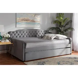 Baxton Studio Freda Full-Size Grey Velvet Daybed - Transitional & Contemporary Indoor Bed, Neutral Modern Velvet Bed with Button Tufted Fabric Upholstery & Slide-Out Trundle, Indoor Beds, Neutral Modern Beds
