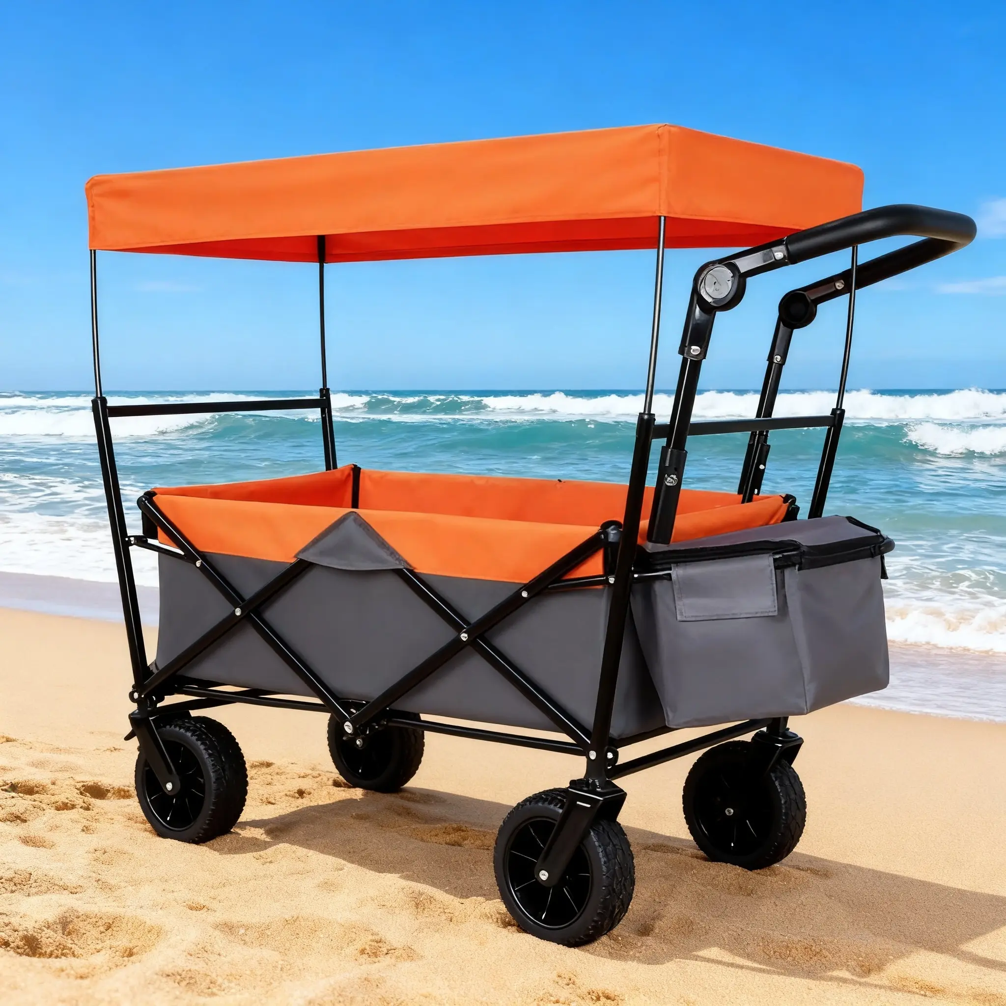 Foldable Handcart with Adjustable Handle, 480LBS Capacity, 7” x 4” Wheels, Rain Shelter Roof, Lightweight Rugged Folding Cart for Adventure, Camping, Shopping (Home Supplies Storage Holder)