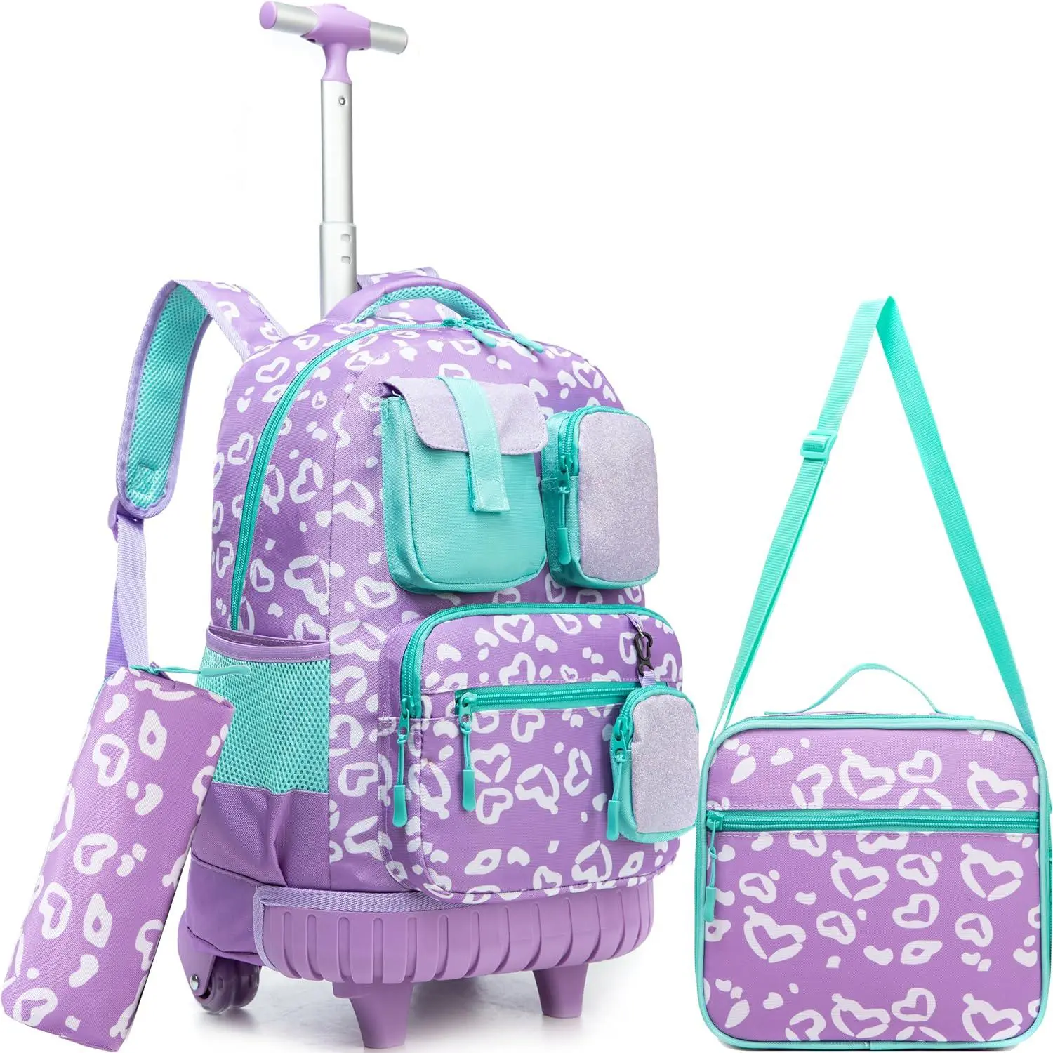 Girls 3-Piece Rolling Backpack Set, Aesthetic Purple Leopard-Heart Nylon Trolley with Adjustable Handle and Rolling Wheels, Includes Lunch Box & Pencil Case for a Back to School Haul, Zip, Chic, Campus Life, Spinner Wheels, Prop 65 Safe