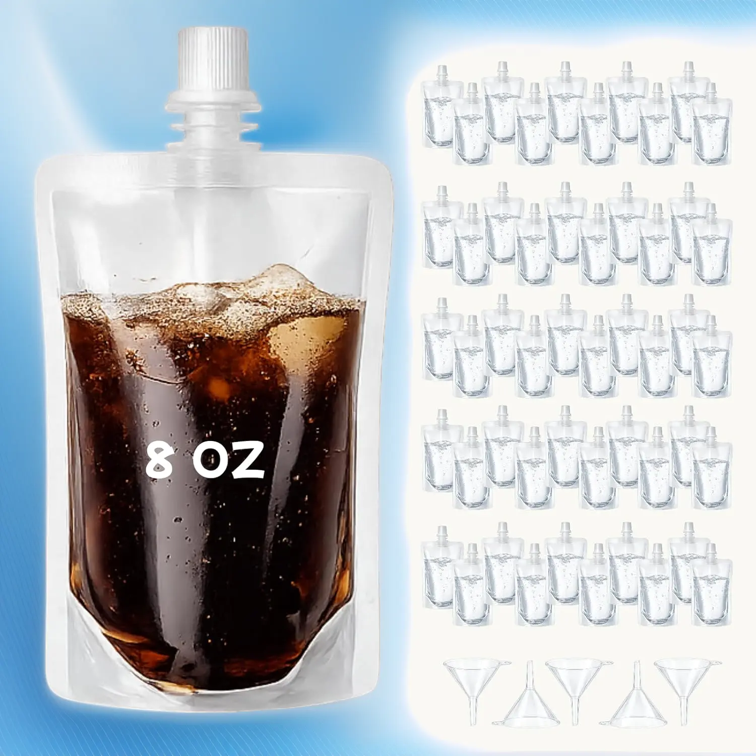 50 Pcs Hidden Plastic Flasks for Liquor – Reusable & Collapsible Alcohol Pouches, Leak-Proof Clear Plastic Pouches for Travel, Cruise, Festivals & Group Events, BPA-Free, Food-Grade, Concealable, 8oz
