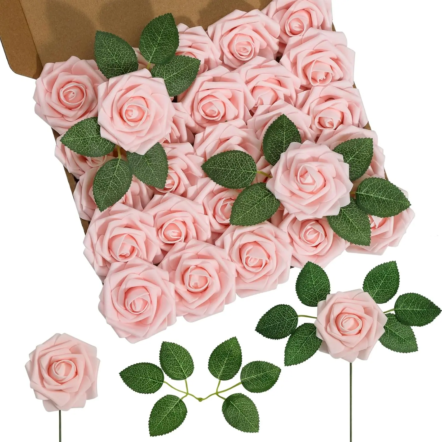 Artificial Flowers 50 flowers with 8 leaves Simulated Ivory Foam Fake Roses With Stems for DIY Wedding Bouquet White Bridal Shower Centerpieces Party Table Decorations Artificial Rose Flowers Fake Roses With Stems Real Touch Foam Flowers