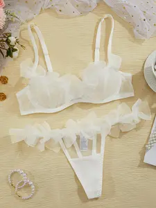 Women's Bow Decor Sexy Feminine Tulle Lingerie Set, Elegant Sheer Push Up Bra & Thong, Lingerie Set for Women