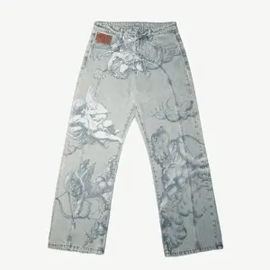 Streetwear Y2K loose retro jeans with cupid angel print, trendy hip-hop trousers
