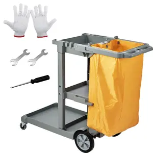 VEVOR Cleaning Cart, 3-Shelf Commercial Janitorial Cart, 200 lbs Capacity Plastic Housekeeping Cart, with 25 Gallon PVC Bag and Cover, 47x 20x 38.6in, YellowBlackVEVOR Super Brand Day