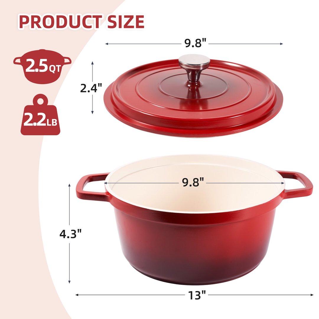 Enameled Cast Iron Dutch Oven Pot with Lid 2.5 QT Covered Casserole Dish for Braising Baking Roasting Soup Cookware Even Heat Distribution Multi Purpose Cooking Red Finish braiser pan
