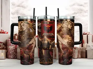 Warhammer 40K Sanguinius Primarch of the Blood Angels 40oz Insulated Stainless Steel Tumbler - Epic Horus Heresy Space Marine Art Travel Mug with Handle & Straw - Perfect Grimdark Gift for Tabletop Gamers