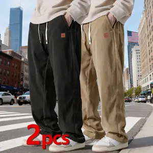 Trendy Brand 2 PIECE SET Men's Corduroy Straight Leg Sweatpants Autumn and Winter Style New Arrival Loose Fit Wide Leg Casual Pants for Autumn  Trouser Beige Plain Black + Olive Green Pocket casual comfy loose fitting trouser durable fabric
